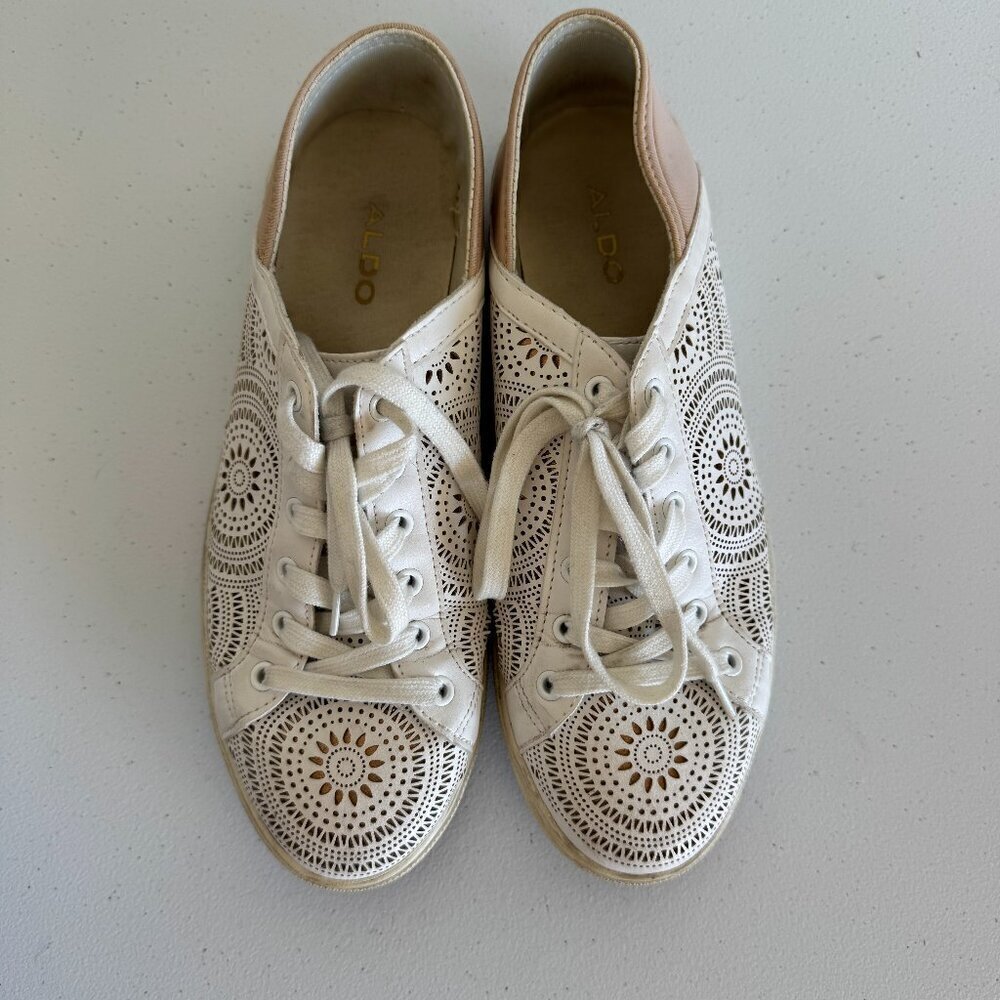ALDO White Laser-Cut Lace-Up Sneakers | Mandala Pattern | Size 39 (US 8.5)